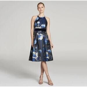 ELIZA J Black Blue Floral Jacquard Crisscross Halter Fit Flare Belted Dress sz 6